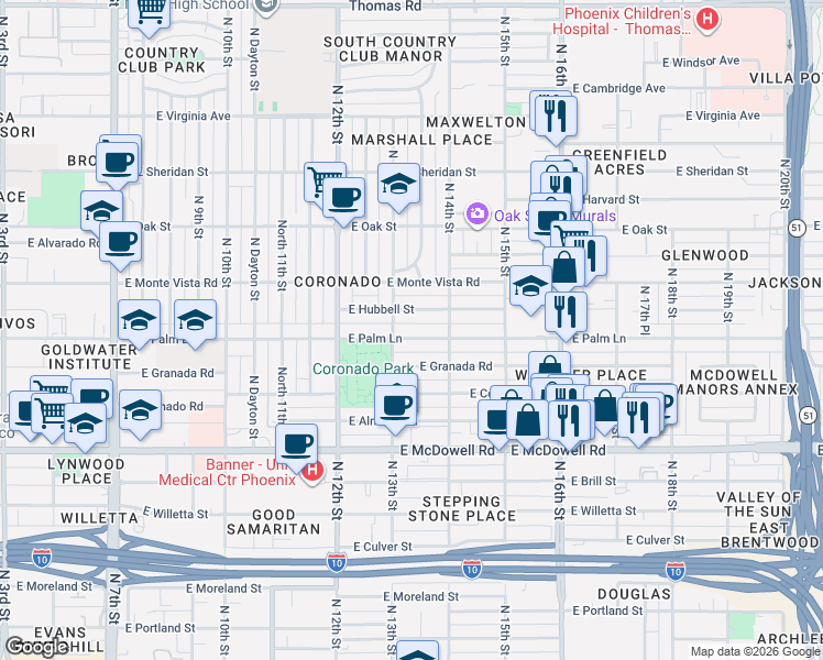 map of restaurants, bars, coffee shops, grocery stores, and more near 1326 East Palm Lane in Phoenix