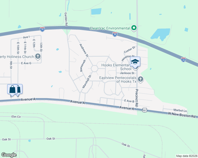 map of restaurants, bars, coffee shops, grocery stores, and more near 306 Roosevelt in Hooks