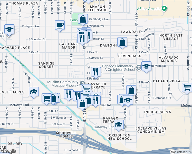 map of restaurants, bars, coffee shops, grocery stores, and more near 3246 East Palm Lane in Phoenix