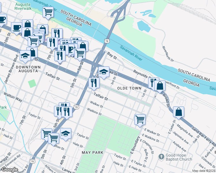 map of restaurants, bars, coffee shops, grocery stores, and more near 305 Greene Street in Augusta