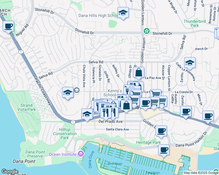 map of restaurants, bars, coffee shops, grocery stores, and more near 33932 La Serena Drive in Dana Point