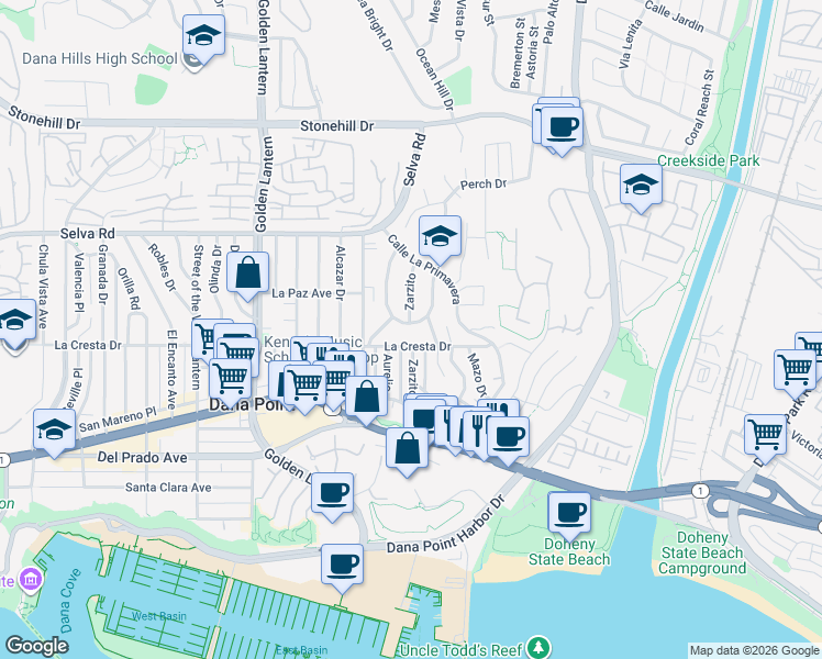 map of restaurants, bars, coffee shops, grocery stores, and more near 25102 Alicia Drive in Dana Point
