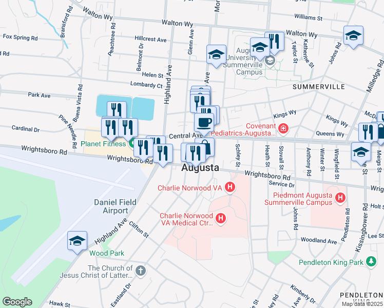 map of restaurants, bars, coffee shops, grocery stores, and more near 2618 Raymond Avenue in Augusta