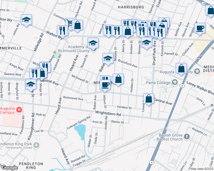 map of restaurants, bars, coffee shops, grocery stores, and more near 1826 McDowell Street in Augusta