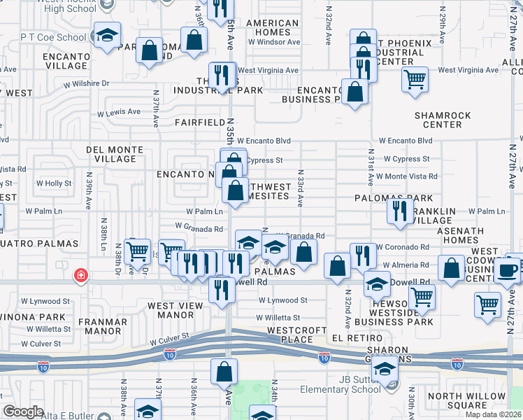 map of restaurants, bars, coffee shops, grocery stores, and more near 3402 West Palm Lane in Phoenix
