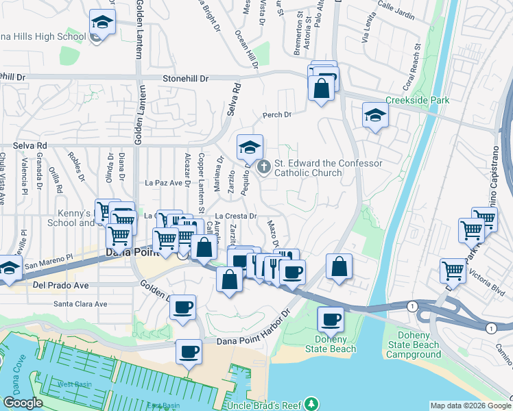 map of restaurants, bars, coffee shops, grocery stores, and more near 33952 Crystal Lantern in Dana Point