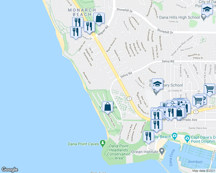 map of restaurants, bars, coffee shops, grocery stores, and more near 33971 Selva Road in Dana Point