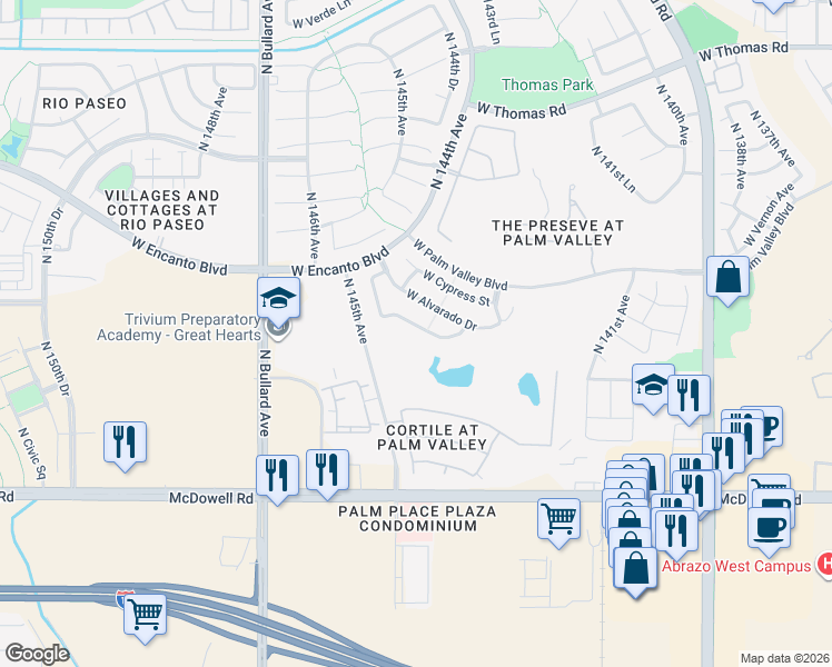 map of restaurants, bars, coffee shops, grocery stores, and more near 14375 West Monte Vista Road in Goodyear