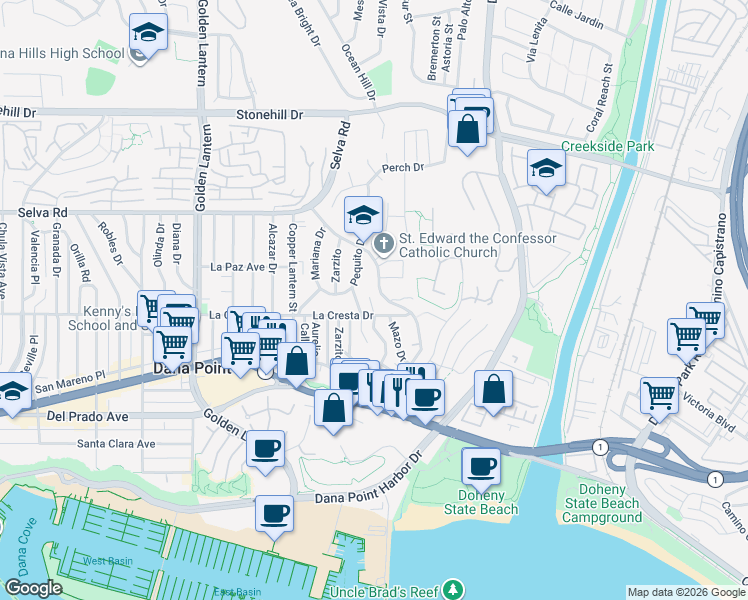 map of restaurants, bars, coffee shops, grocery stores, and more near 33952 Crystal Lantern in Dana Point