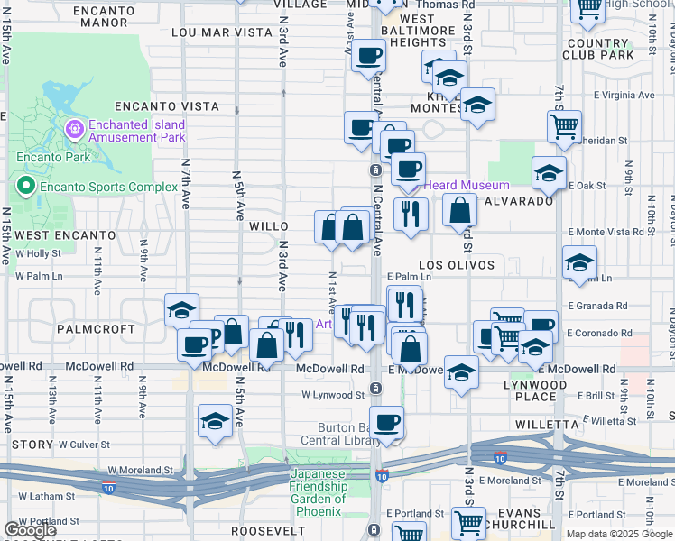 map of restaurants, bars, coffee shops, grocery stores, and more near 2001 North 1st Avenue in Phoenix