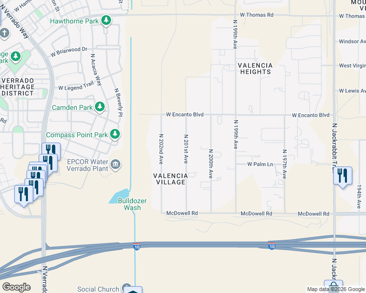 map of restaurants, bars, coffee shops, grocery stores, and more near 2102 North 201st Avenue in Buckeye