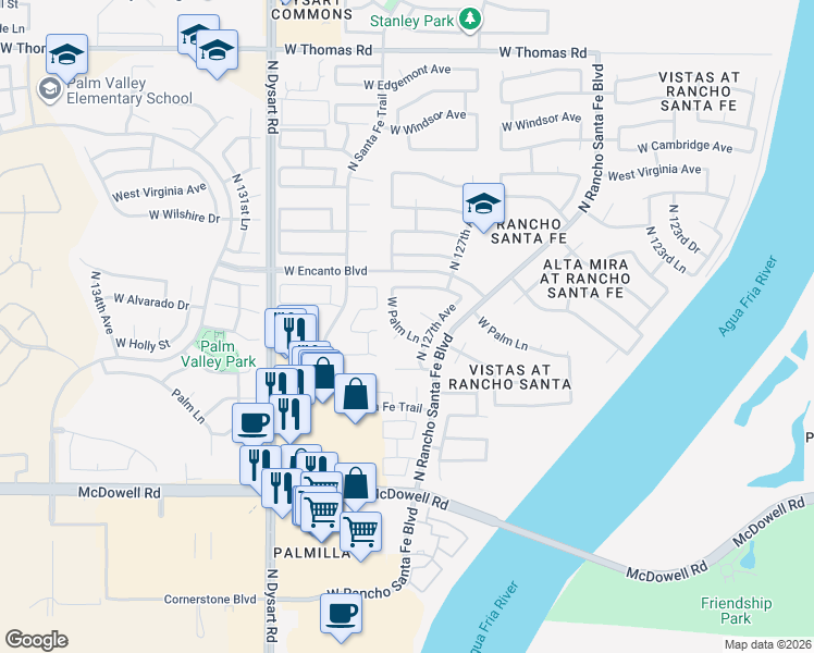 map of restaurants, bars, coffee shops, grocery stores, and more near 12726 West Palm Lane in Avondale