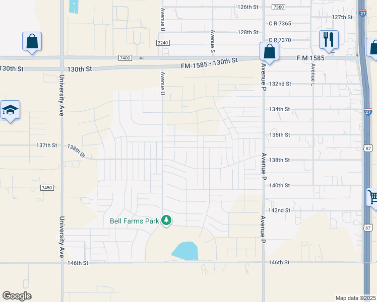 map of restaurants, bars, coffee shops, grocery stores, and more near 13708 Sherman Avenue in Lubbock