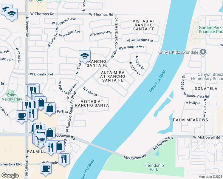 map of restaurants, bars, coffee shops, grocery stores, and more near 12415 W Monte Vista Rd in Avondale