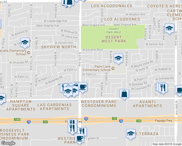 map of restaurants, bars, coffee shops, grocery stores, and more near 6550 West Palm Lane in Phoenix