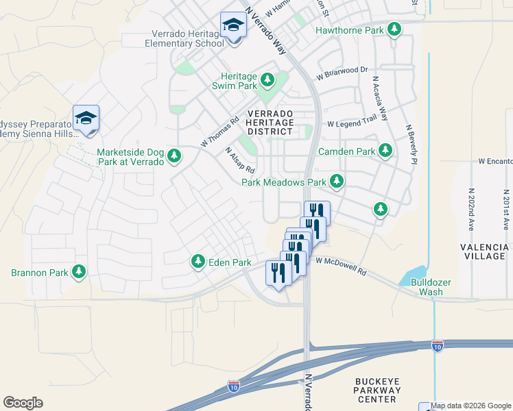map of restaurants, bars, coffee shops, grocery stores, and more near 20835 West Carlton Manor in Buckeye
