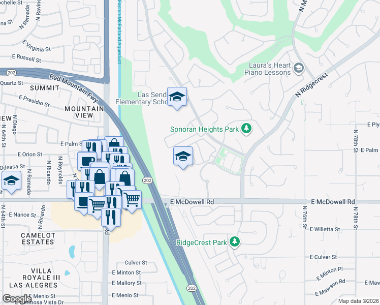 map of restaurants, bars, coffee shops, grocery stores, and more near 2958 North Sonoran Hills in Mesa
