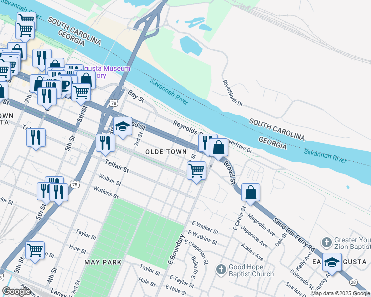 map of restaurants, bars, coffee shops, grocery stores, and more near 116 Broad Street in Augusta