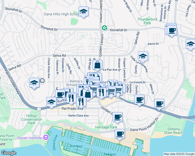 map of restaurants, bars, coffee shops, grocery stores, and more near in MONARCH BAY