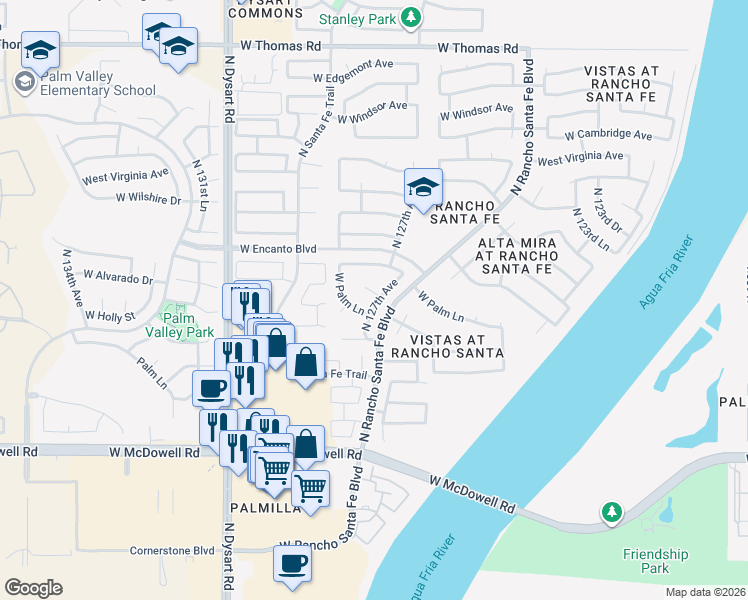 map of restaurants, bars, coffee shops, grocery stores, and more near 12726 West Palm Lane in Avondale