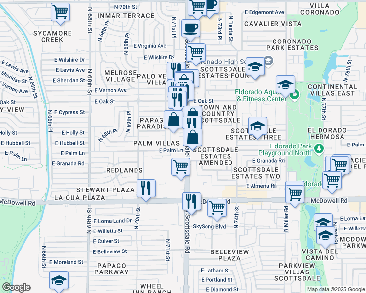 map of restaurants, bars, coffee shops, grocery stores, and more near 7100 East Palm Lane in Scottsdale