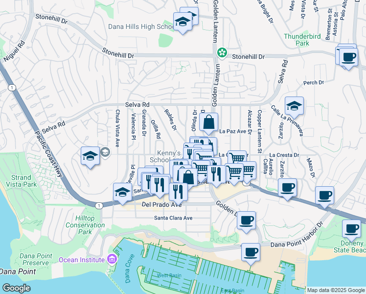 map of restaurants, bars, coffee shops, grocery stores, and more near 33941 Violet Lantern Street in Dana Point