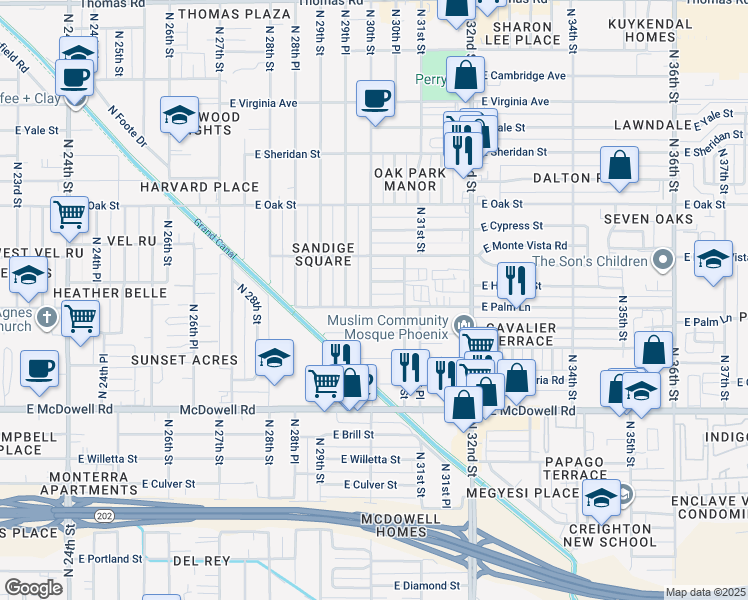map of restaurants, bars, coffee shops, grocery stores, and more near 3000 East Palm Lane in Phoenix