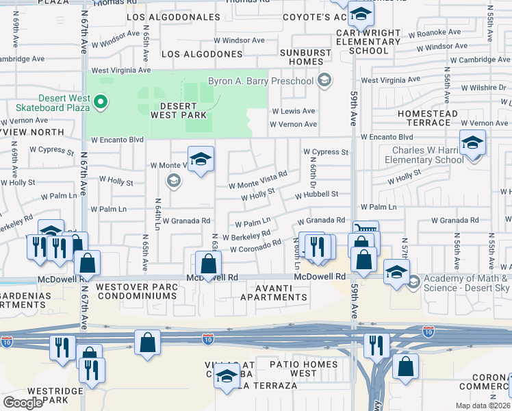 map of restaurants, bars, coffee shops, grocery stores, and more near 6174 W Hubbell St in Phoenix