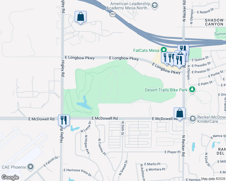 map of restaurants, bars, coffee shops, grocery stores, and more near 5601 East Longbow Parkway in Mesa