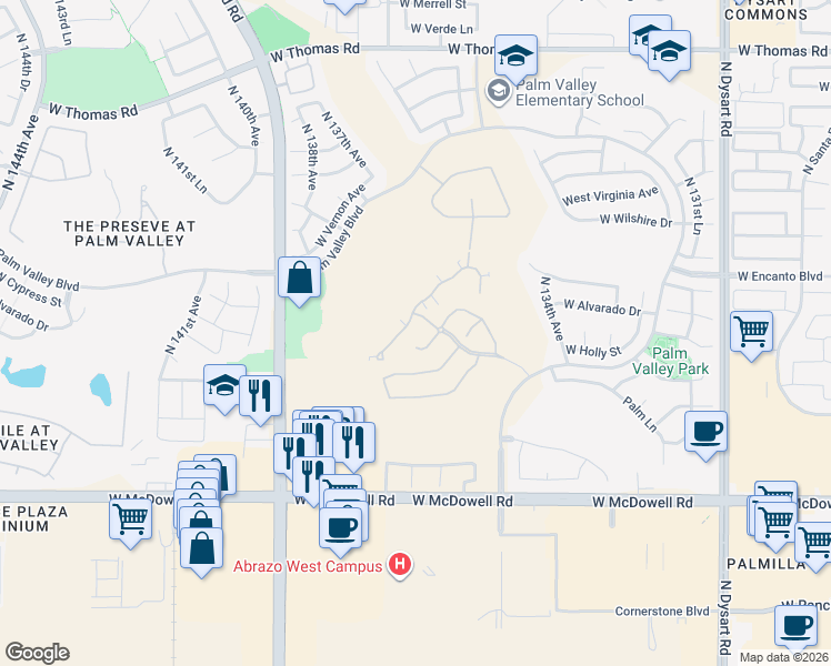 map of restaurants, bars, coffee shops, grocery stores, and more near 13653 West Cypress Street in Goodyear