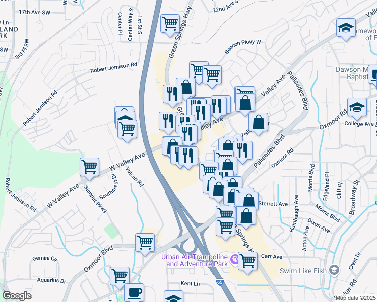 map of restaurants, bars, coffee shops, grocery stores, and more near 102 Green Springs Highway in Birmingham