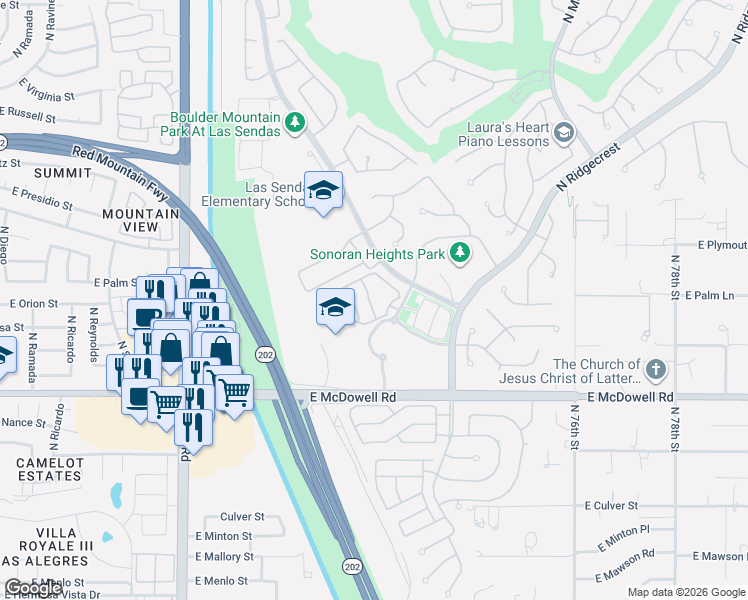 map of restaurants, bars, coffee shops, grocery stores, and more near 2947 North Sonoran Hills in Mesa
