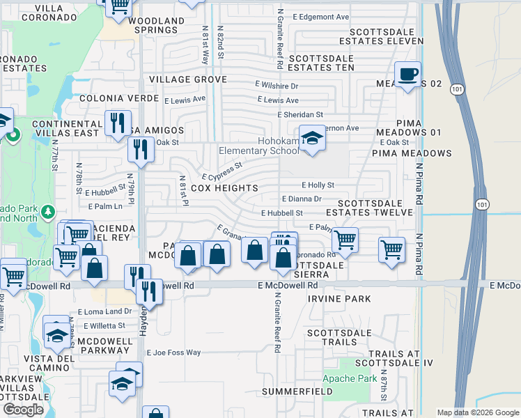 map of restaurants, bars, coffee shops, grocery stores, and more near 8332 East Hubbell Street in Scottsdale