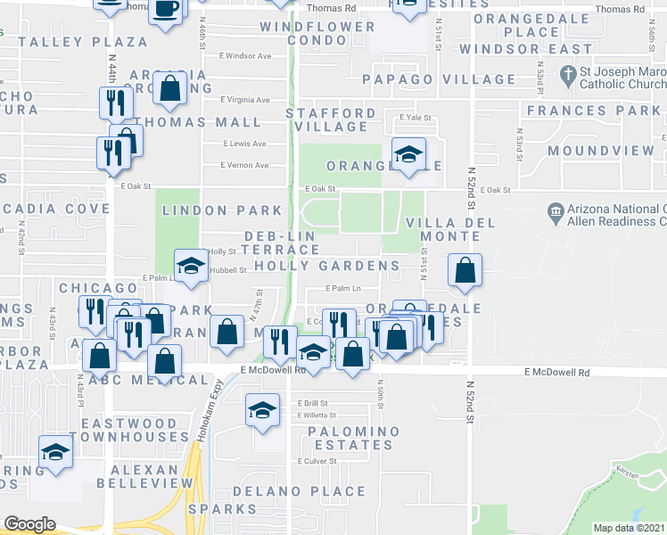 map of restaurants, bars, coffee shops, grocery stores, and more near 2007 North 49th Street in Phoenix