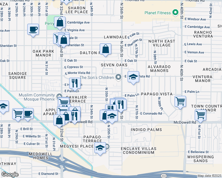 map of restaurants, bars, coffee shops, grocery stores, and more near 3444 East Palm Lane in Phoenix