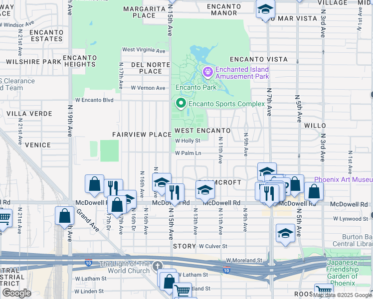 map of restaurants, bars, coffee shops, grocery stores, and more near 1322 West Palm Lane in Phoenix
