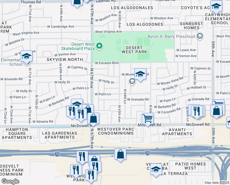 map of restaurants, bars, coffee shops, grocery stores, and more near 6507 West Palm Lane in Phoenix