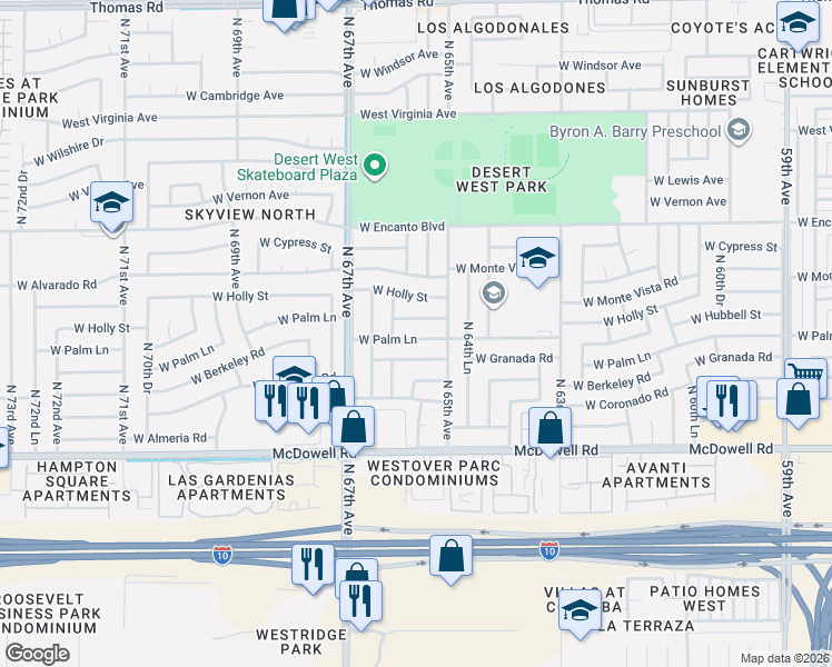 map of restaurants, bars, coffee shops, grocery stores, and more near 6507 West Palm Lane in Phoenix