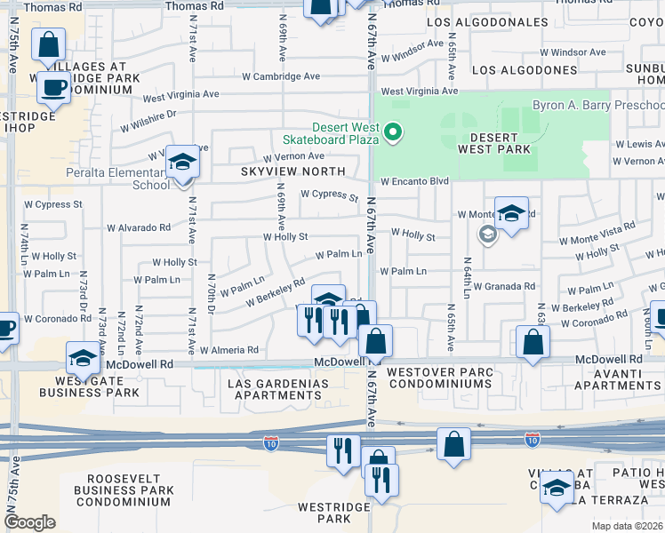 map of restaurants, bars, coffee shops, grocery stores, and more near 1835 North 68th Avenue in Phoenix