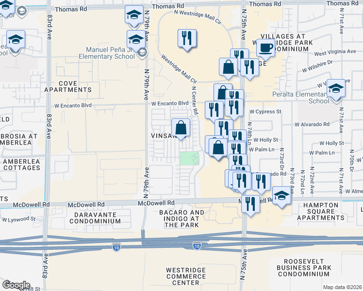 map of restaurants, bars, coffee shops, grocery stores, and more near 7730 West Palm Lane in Phoenix