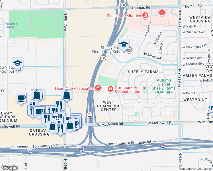 map of restaurants, bars, coffee shops, grocery stores, and more near 9525 West Monte Vista Road in Phoenix