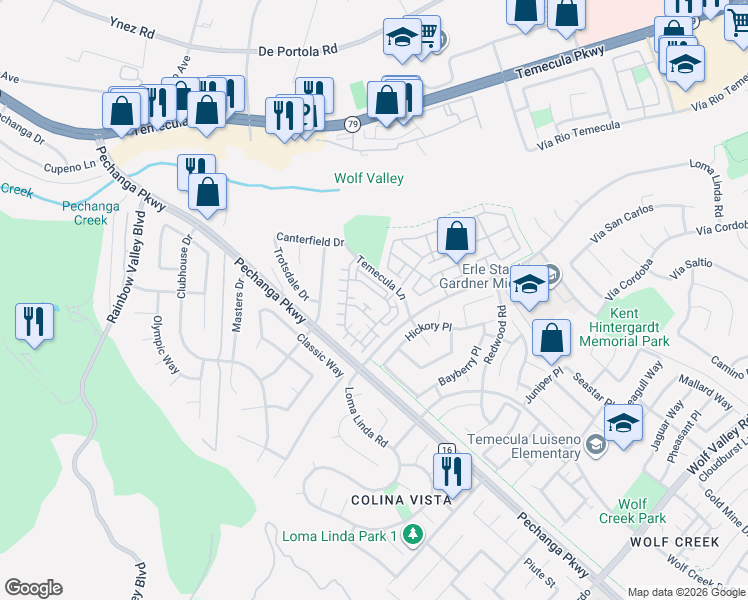 map of restaurants, bars, coffee shops, grocery stores, and more near 31317 Via Nubes in Temecula