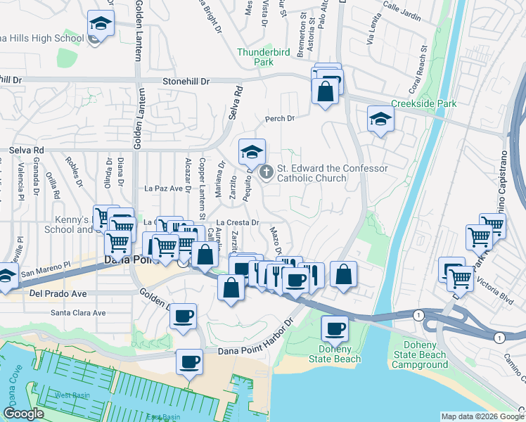 map of restaurants, bars, coffee shops, grocery stores, and more near 33941 Calle La Primavera in Dana Point