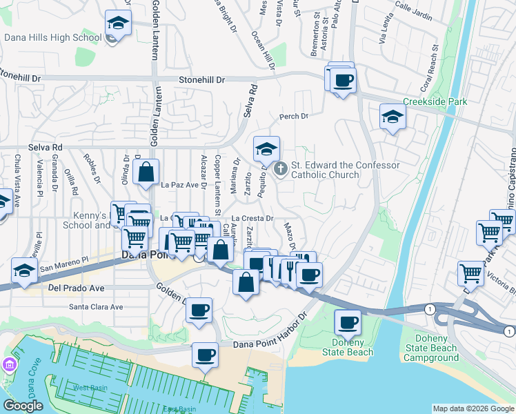 map of restaurants, bars, coffee shops, grocery stores, and more near 25122 Alicia Drive in Dana Point