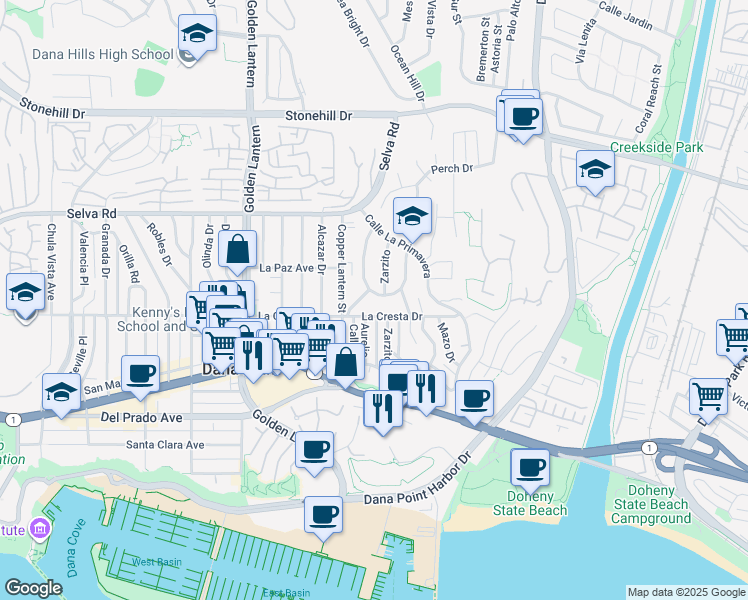 map of restaurants, bars, coffee shops, grocery stores, and more near 33936 Mariana Drive in Dana Point