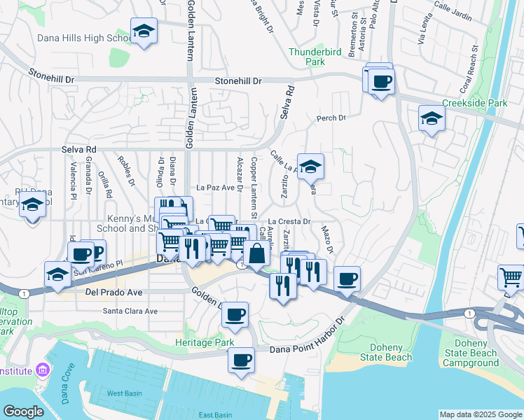 map of restaurants, bars, coffee shops, grocery stores, and more near 33936 Mariana Drive in Dana Point