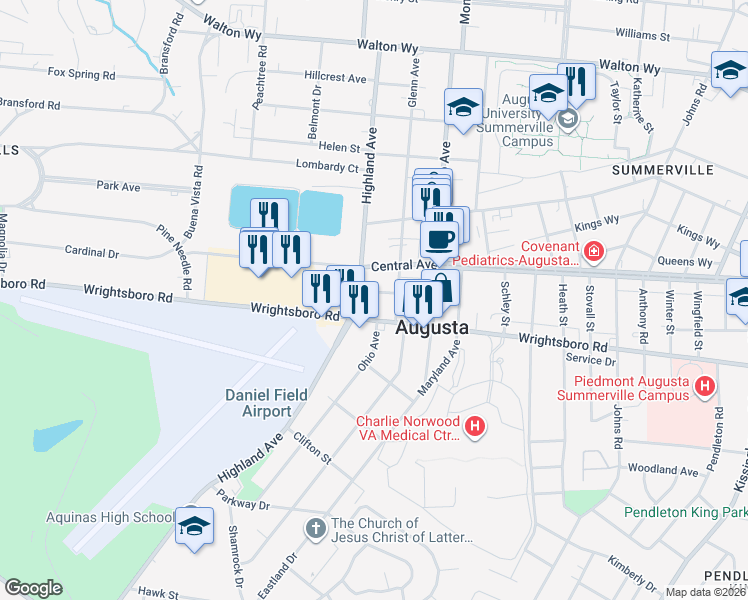 map of restaurants, bars, coffee shops, grocery stores, and more near 2613 Wrightsboro Road in Augusta