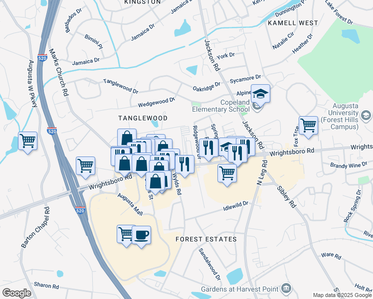 map of restaurants, bars, coffee shops, grocery stores, and more near 3353 Wrightsboro Road in Augusta