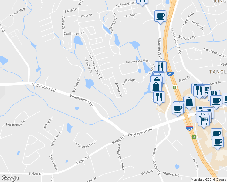map of restaurants, bars, coffee shops, grocery stores, and more near 5204 Aruba Circle in Augusta