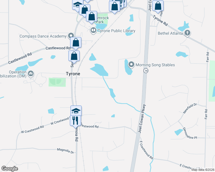 map of restaurants, bars, coffee shops, grocery stores, and more near 295 Handley Court in Tyrone